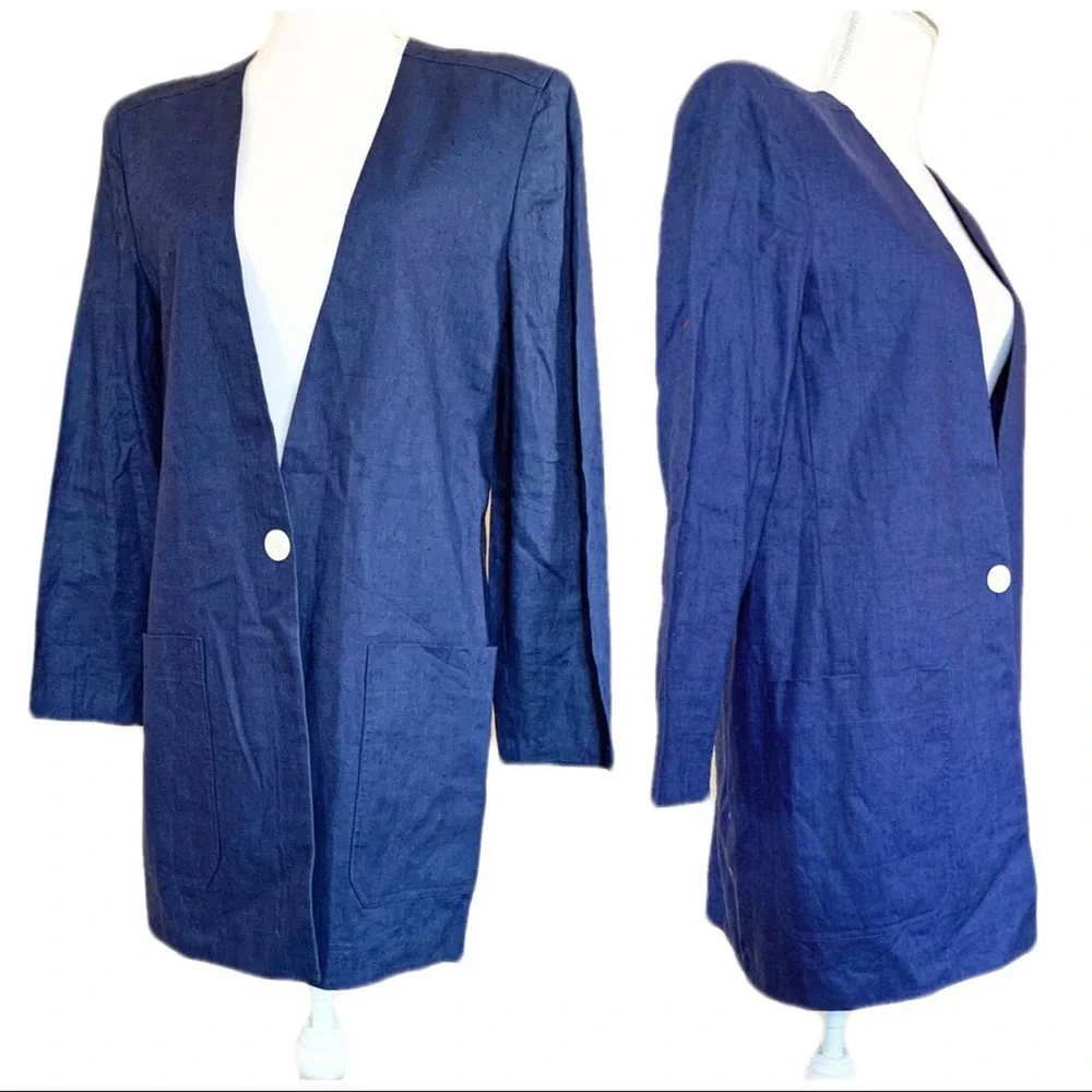 Vintage Christian Dior Blue Linen Long Blazer Jacket 12 lagenlook patch pockets
